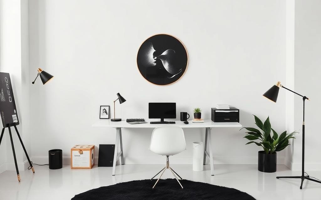 Estudio de trabajo minimalista con detalles en negro y dorado