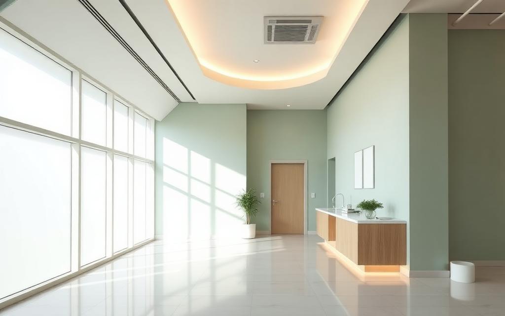 Recepción de clínica moderna con tonos verde salvia