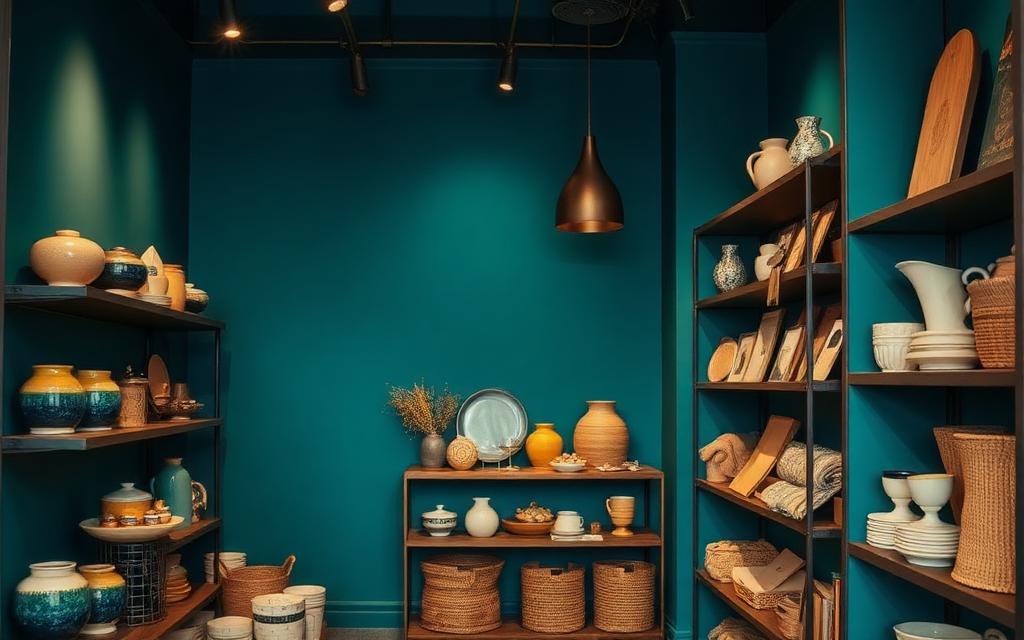 Estantes de una tienda pequeña con cerámicas y textiles