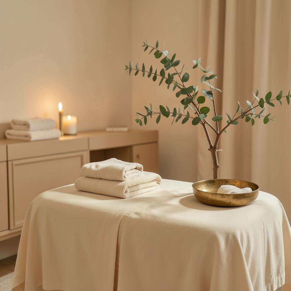 Sala de masajes de LUMÉ Studio con toallas y velas