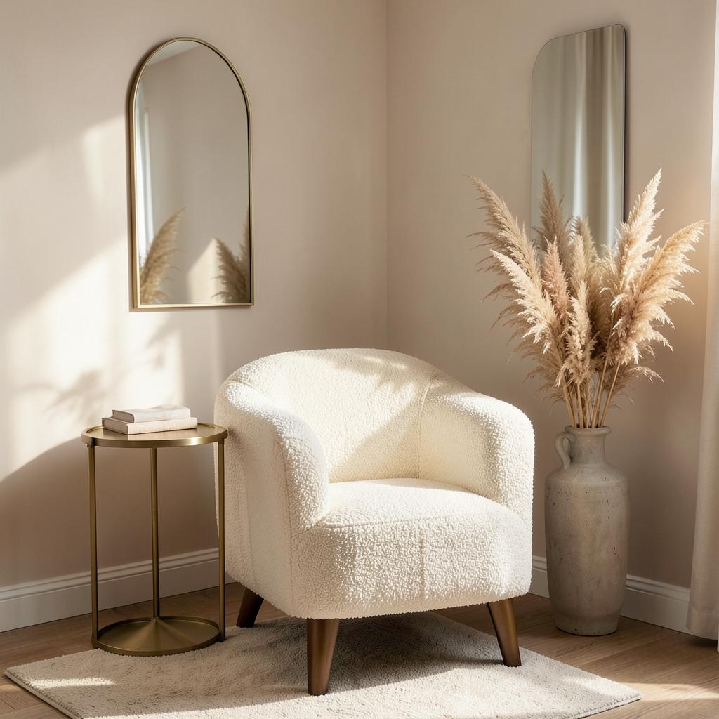 Rincón de pedicuría con sillón bouclé y espejo de arco