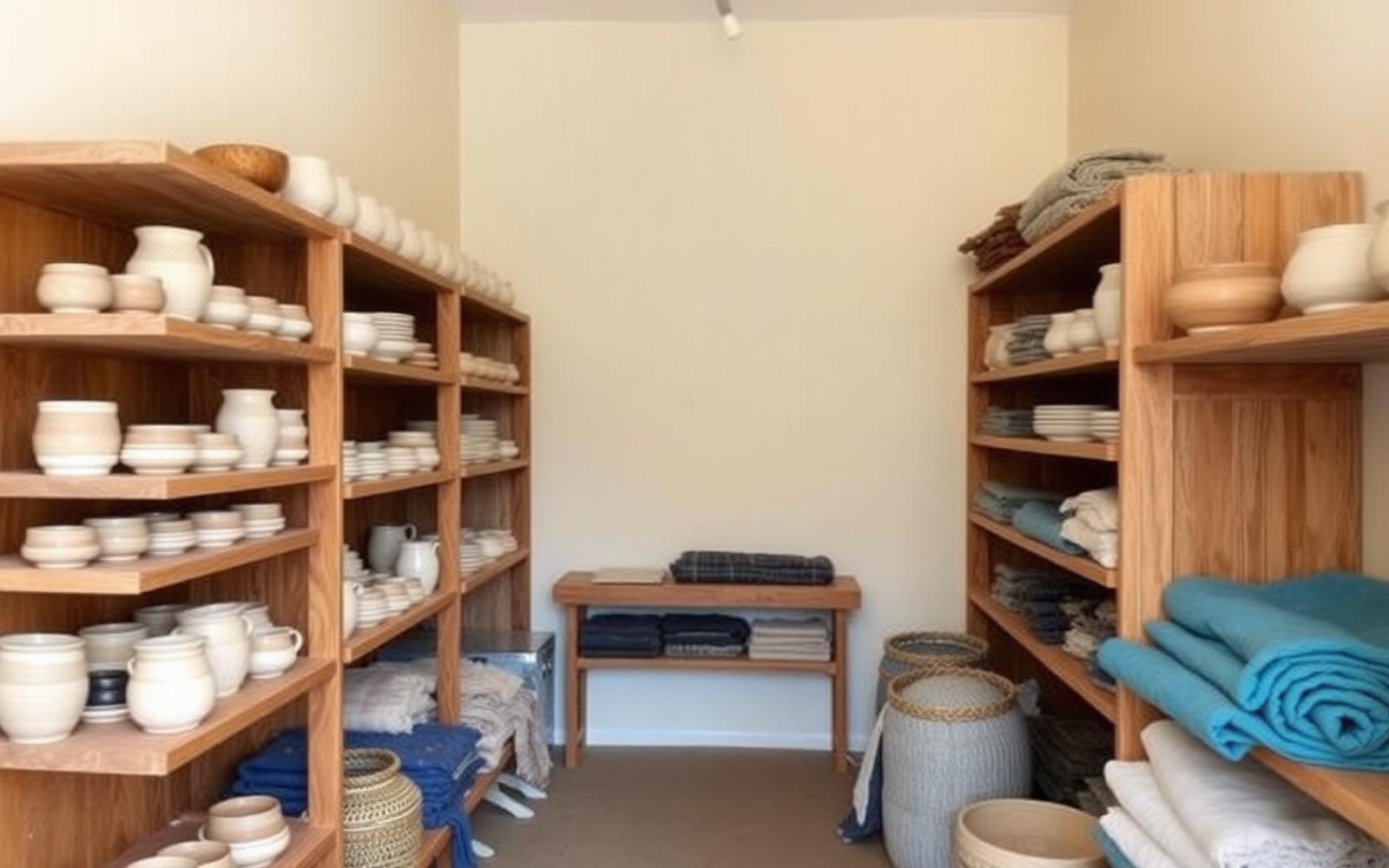 Estantes de madera con cerámicas y textiles de Marea