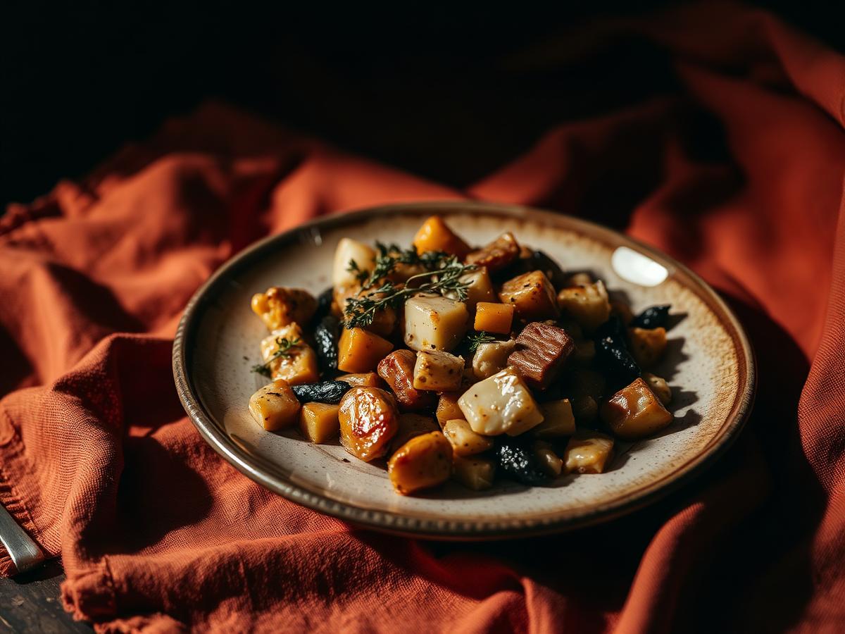 Plato de verduras de estación sobre cerámica artesanal