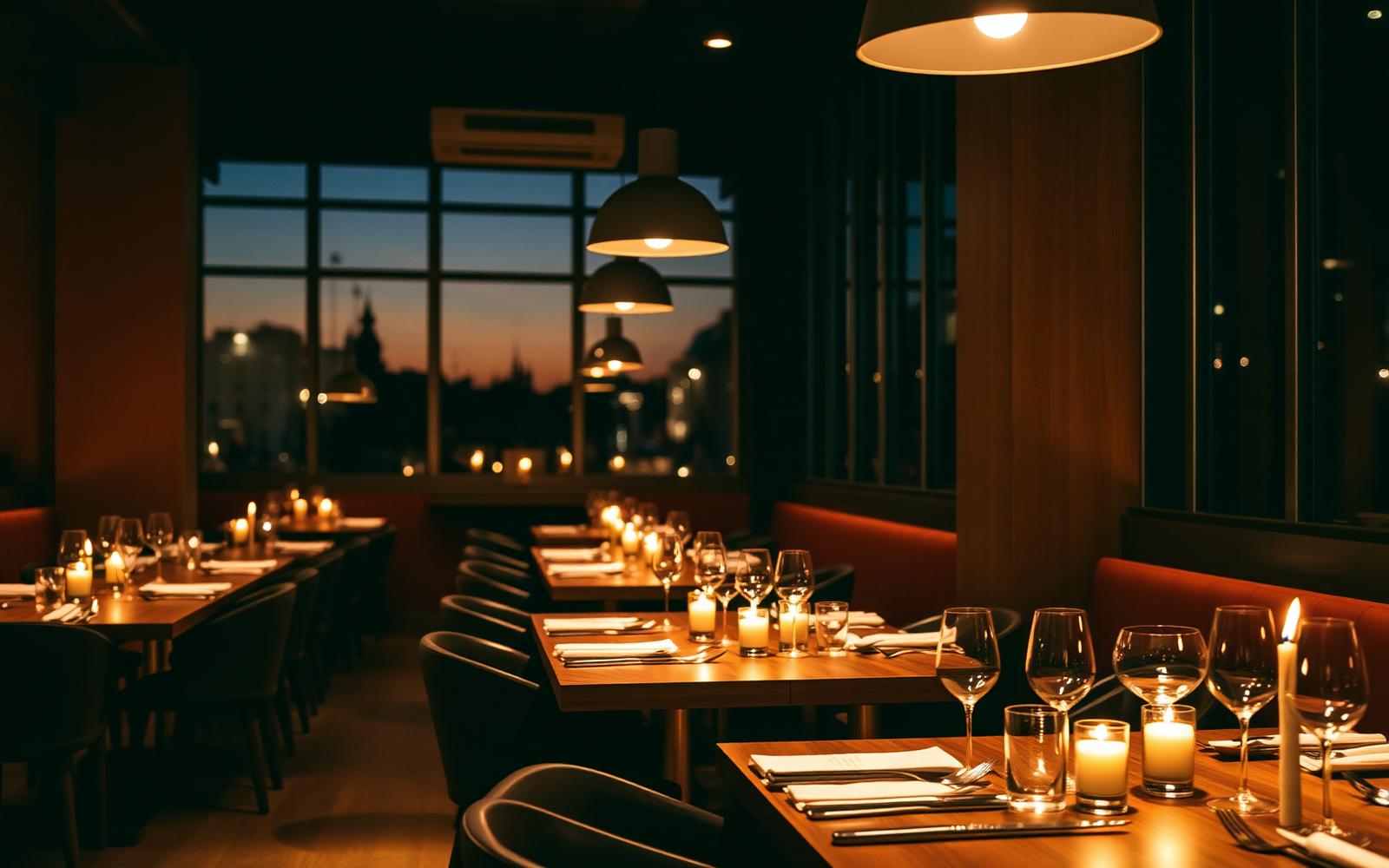 Salón de Savia con luz cálida de velas y mesas de madera